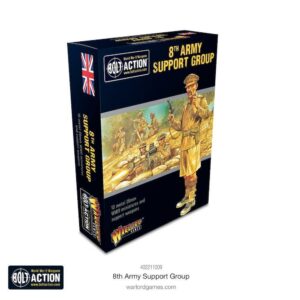 8th Army Support Group box art for Bolt Action showcases British soldiers in World War II action.
