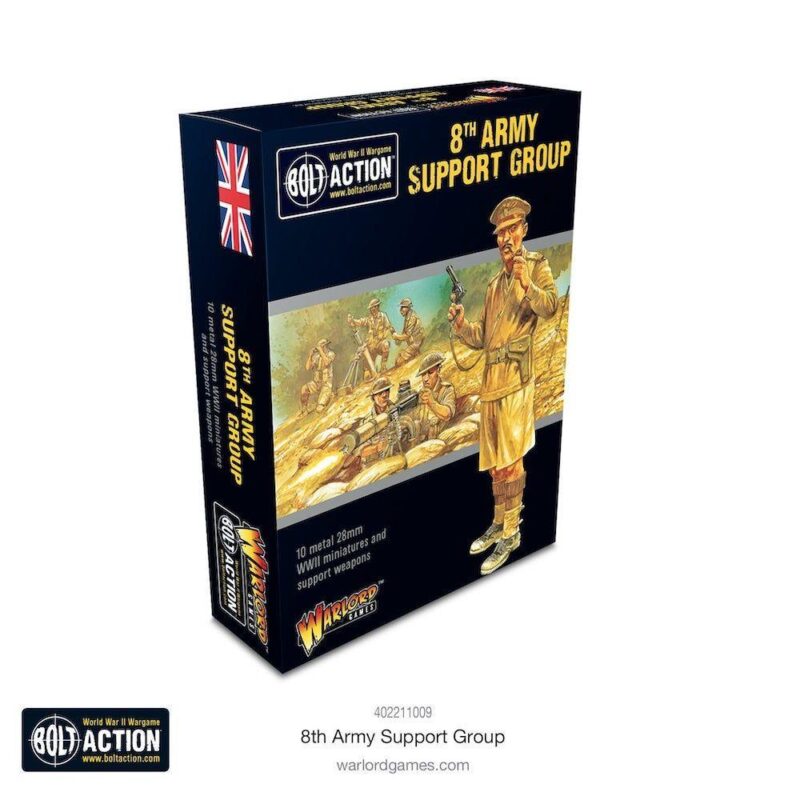 8th Army Support Group box art for Bolt Action showcases British soldiers in World War II action.