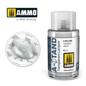 A-STAND Transparent Lacquer in a sleek bottle for versatile modeling applications by AMMO.