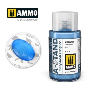 Vibrant blue A.STAND Transparent Lacquer A.MIG-2403 by Ammo for model detailing.