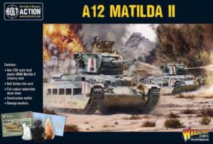 Dynamic A12 Matilda II tank action on Bolt Action tabletop game box cover.