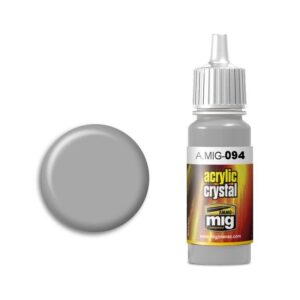 A.MIG-094 Acrylic Crystal Gray paint bottle with swatch for precise model painting and crafts.