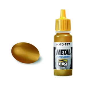 A.MIG-197 acrylic metallic gold paint with precision nozzle for model painting and artistic projects.