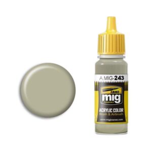 A.MIG 243 Pale Green Acrylic Paint in transparent bottle with yellow cap and color swatch.