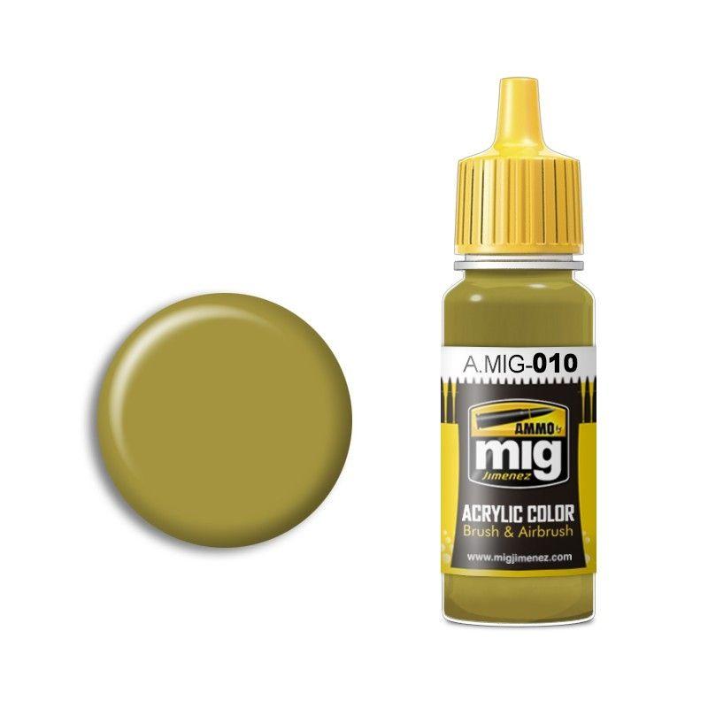 A.MIG bright yellow acrylic paint bottle featuring muted olive green for versatile artistic projects.