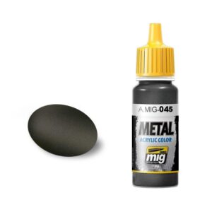 A.MIG-045 acrylic paint bottle and sample exhibiting deep black metallic finish for model detailing.