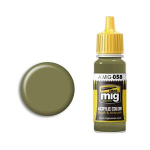 A.MIG-058 olive green acrylic airbrush paint bottle with precision tip and color swatch.