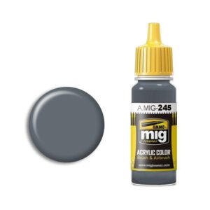 A.MIG Airbrush Acrylic Paint in gray shade 245 with vibrant yellow cap and color swatch.