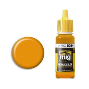 A.MIG-039 yellow-orange acrylic paint bottle and swatch for artists and modelers.