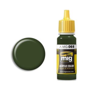 A.MIG-065 Deep Green acrylic paint for models and art, featuring a bright yellow cap.
