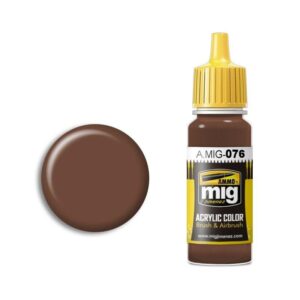 A.MIG-076 Brown acrylic paint for models, featuring bright yellow cap and glossy paint sample.
