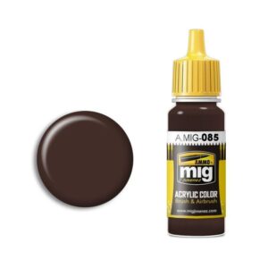 A.MIG-085 Dark Brown Acrylic Paint with Yellow Cap and Paint Swatch for Hobby Projects.