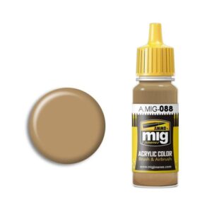 A.MIG-088 Warm Brown Acrylic Paint with Yellow Cap and Color Swatch for Artists.