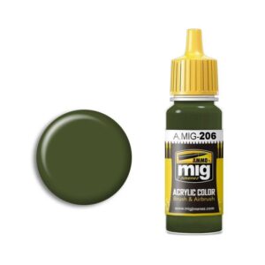 A.MIG-206 green acrylic paint with precision applicator and vibrant color swatch for artists.