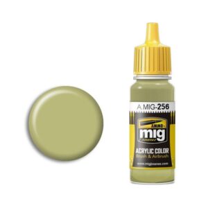 A.MIG-256 olive green acrylic paint, perfect for modeling, with a yellow cap and convenient design.