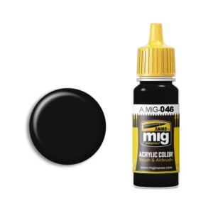 A.MIG-046 acrylic paint bottle with black color sample for artists and modelers.