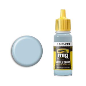 A.MIG-249 acrylic paint bottle with pastel blue color swatch for artists and hobbyists.