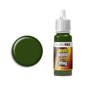 A.MIG-092 acrylic paint bottle with deep olive green swatch on minimalistic background.