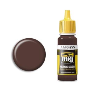 A.MIG-255 acrylic paint bottle with rich brown swatch, ideal for artists and hobbyists.