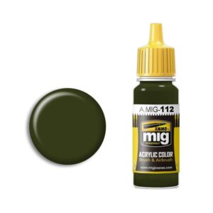 Olive green acrylic paint A.MIG-112 for model painting with bright yellow cap and swatch.