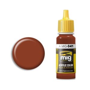 A.MIG-041 brown acrylic paint bottle with yellow cap and color swatch for modelers.
