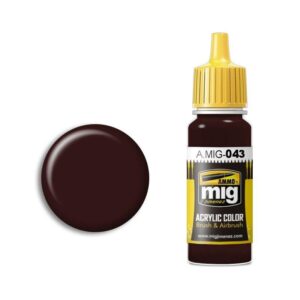 A.MIG Acrylic Paint 043 Deep Brown with swatch, ideal for models and artistic projects.