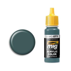 A.MIG-077 deep teal acrylic paint for modelers with user-friendly squeeze top and vibrant yellow cap.