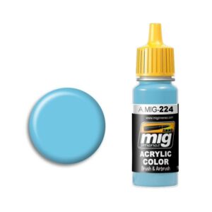 Vibrant light blue MIG acrylic paint, perfect for artistic projects, in a sleek bottle with swatch.