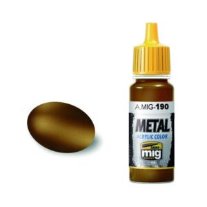 A.MIG-190 acrylic paint bottle with yellow cap and glossy bronze droplet for metallic finishes.