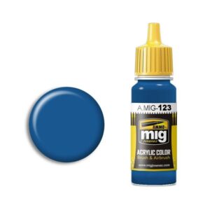 Vibrant A.MIG MIG-123 acrylic blue paint, perfect for artists using brushes or airbrushes.