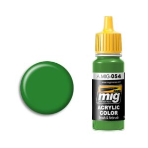 Vibrant green acrylic paint A.MIG-054 with swatch for art and modeling projects.