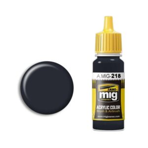 MIG acrylic paint bottle with yellow cap and glossy black color swatch for model hobbyists.
