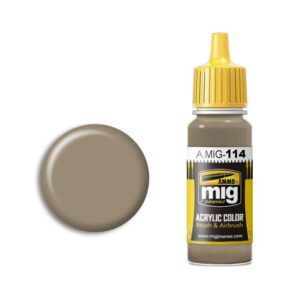 A.MIG-114 light brown acrylic paint with squeeze top and color swatch. Ideal for modeling projects.