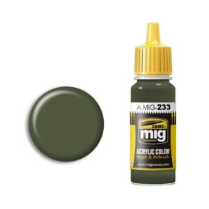 A.MIG-233 Olive Green Acrylic Paint for models, perfect for military and landscape detailing.
