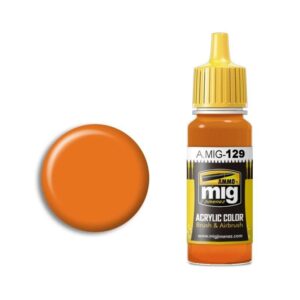 A.MIG-129 bright orange acrylic paint in a clear bottle with a yellow cap.