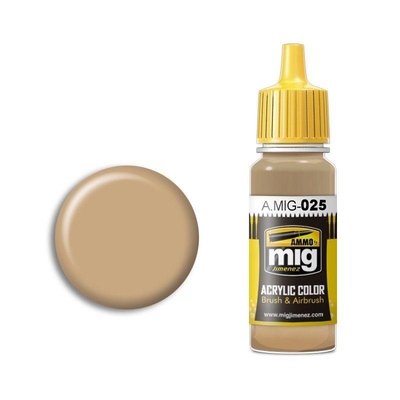 A.MIG tan acrylic paint in a clear bottle with yellow lid, perfect for artists and hobbyists.