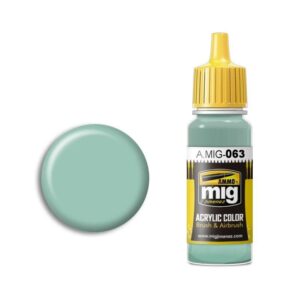 A.MIG-063 teal acrylic paint bottle with yellow cap and color swatch for artists.