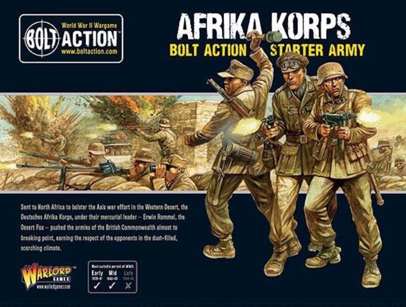 Afrika Korps soldiers in combat gear, set against a detailed North African desert backdrop.