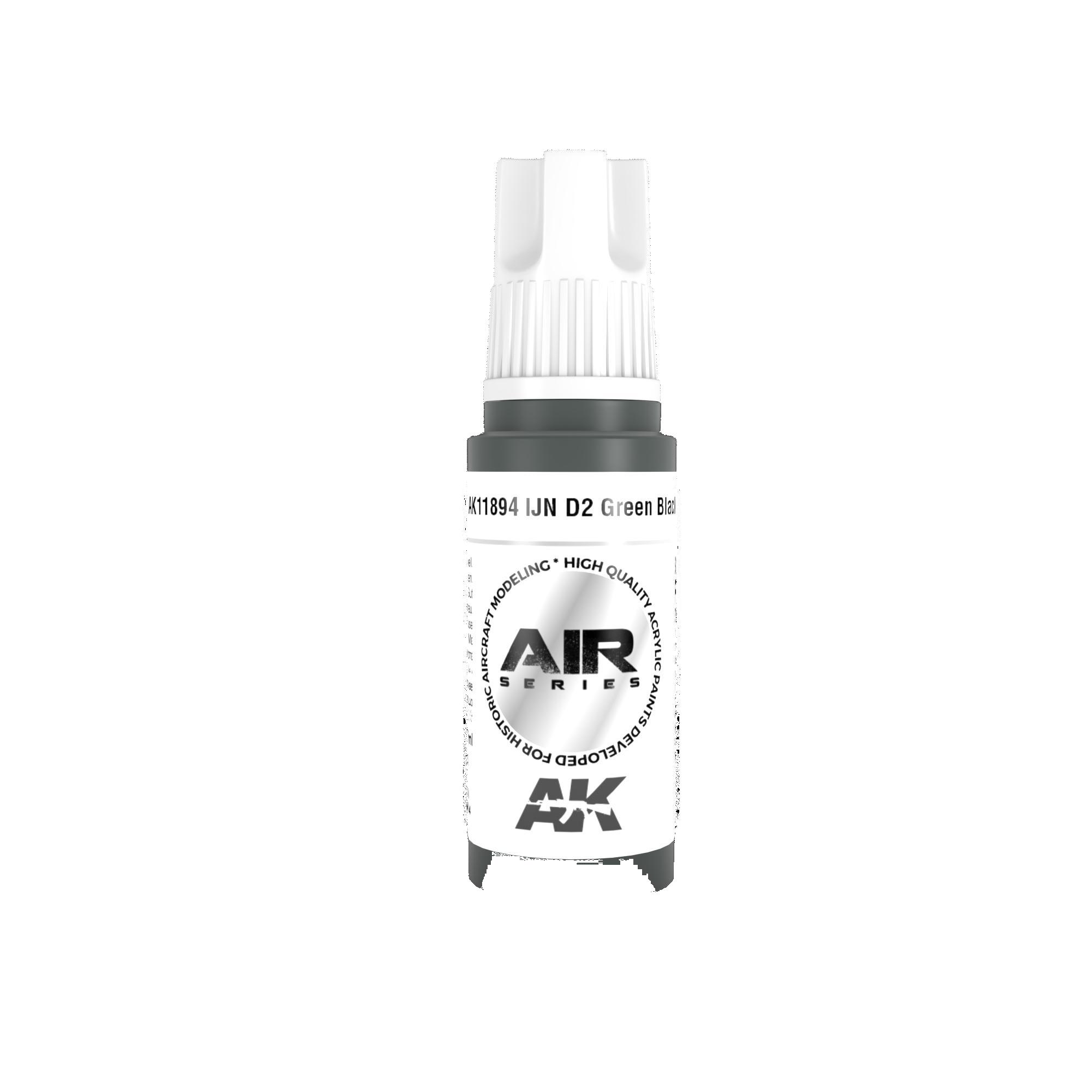 Sleek white cylindrical bottle of Air paint, AK 186 LJM D2 Green Thin for airbrushing.