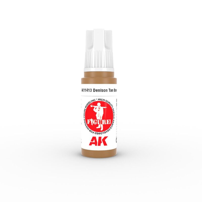 AK Denison Tan paint for miniatures, featuring precision nozzle and military-themed design.