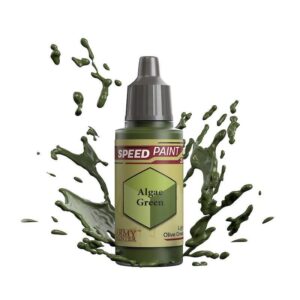 Vibrant Algae Green Speed Paint bottle with dynamic splashes, ideal for creative artistic projects.