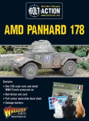AMD Panhard 178 model packaging for Bolt Action game, 1:56 scale, detailed and customizable.