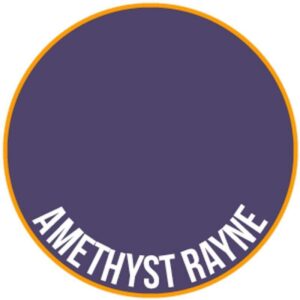 Deep purple circular design featuring Amethyst Rayne in white, accented by an orange border.