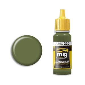 A.MIG-220 Muted Green acrylic paint with swatch, perfect for hobbyists and model painting.