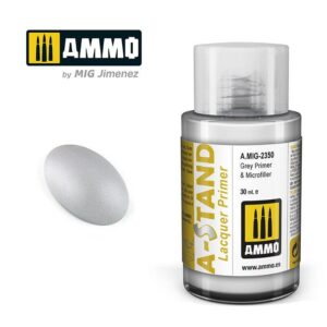 AMMO A-STAND Lacquer Primer: High-quality grey primer for precise model detailing and preparation.