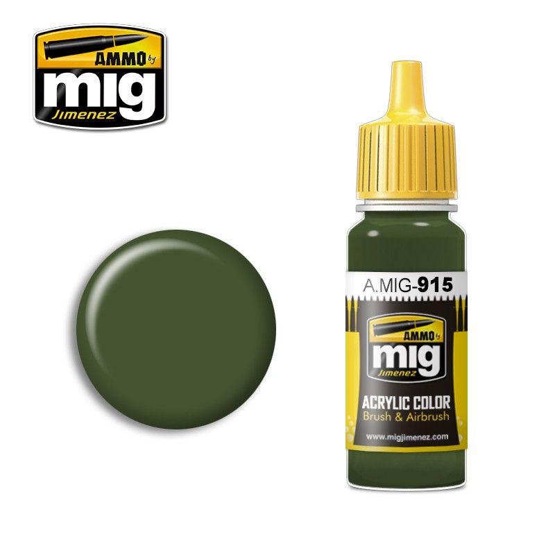AMMO by Mig Jimenez A.MIG-915 deep green acrylic paint with yellow cap and paint swatch.