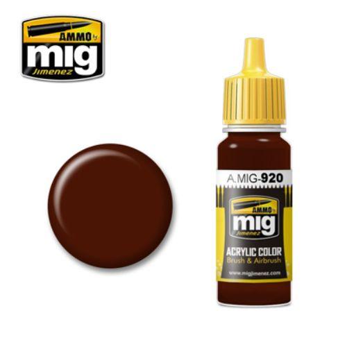 AMMO A.MIG-920 Dark Brown acrylic paint for modeling with yellow cap and color swatch.