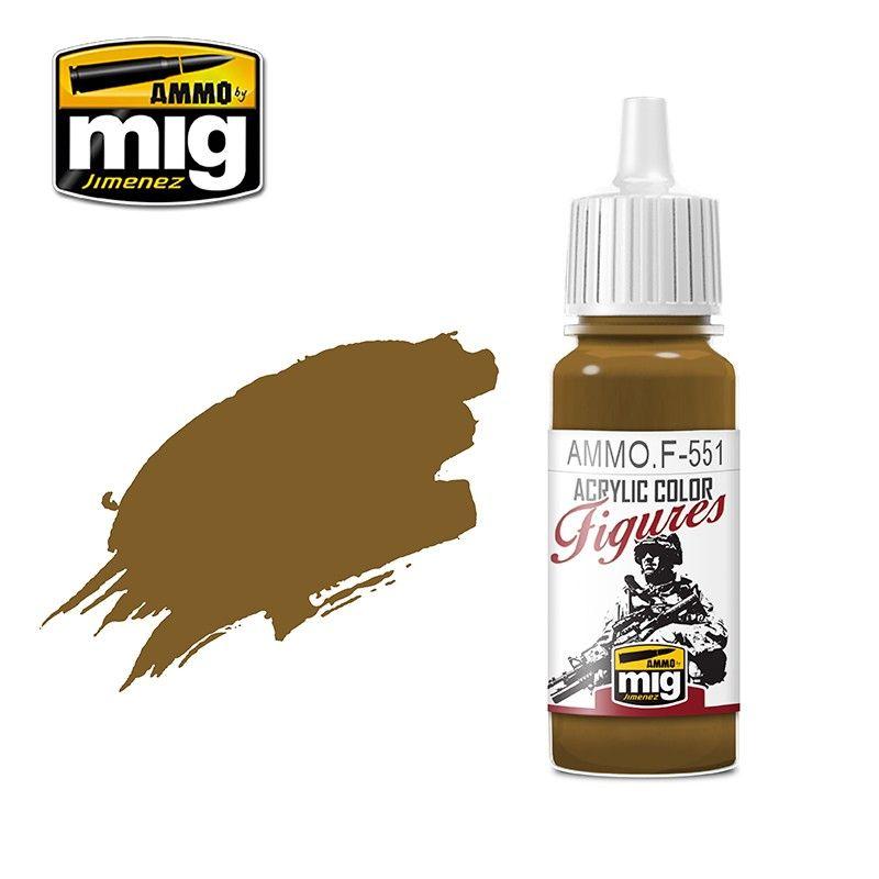 Ammo by Mig Jimenez F-551 acrylic paint for figures in amber-brown with color swatch.