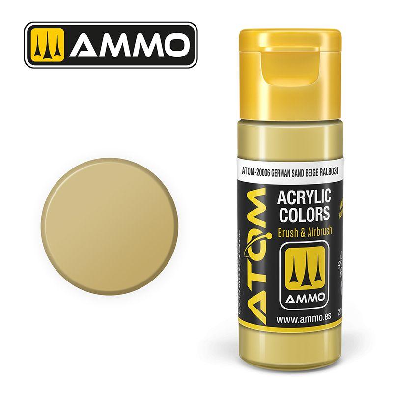 AMMO acrylic paint bottle in golden hue for brush and airbrush applications, ideal for artists.