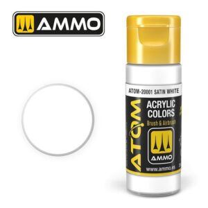 AMMO Satin White Acrylic Paint canister with swatch for brush and airbrush application.